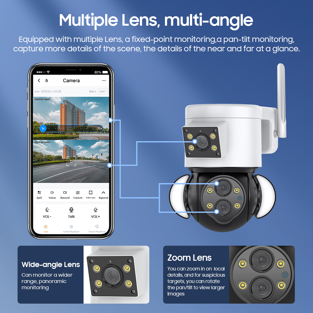 Dual Lens Mini 4MP 10X Optical Zoom Security WifiTwo Way Video PTZ Dome IP Camera 